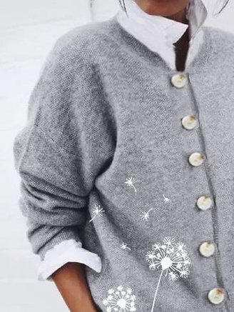 Dandelion Print Winter Thicken Knitted Casual H-Line Bateau/boat Neck Long Sleeve Sweater Outerwear