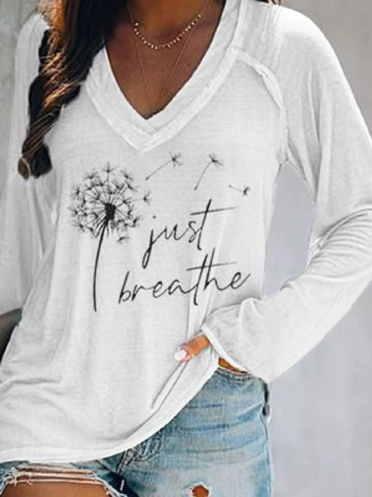 Casual Long Sleeve Floral-Print V Neck T-shirt