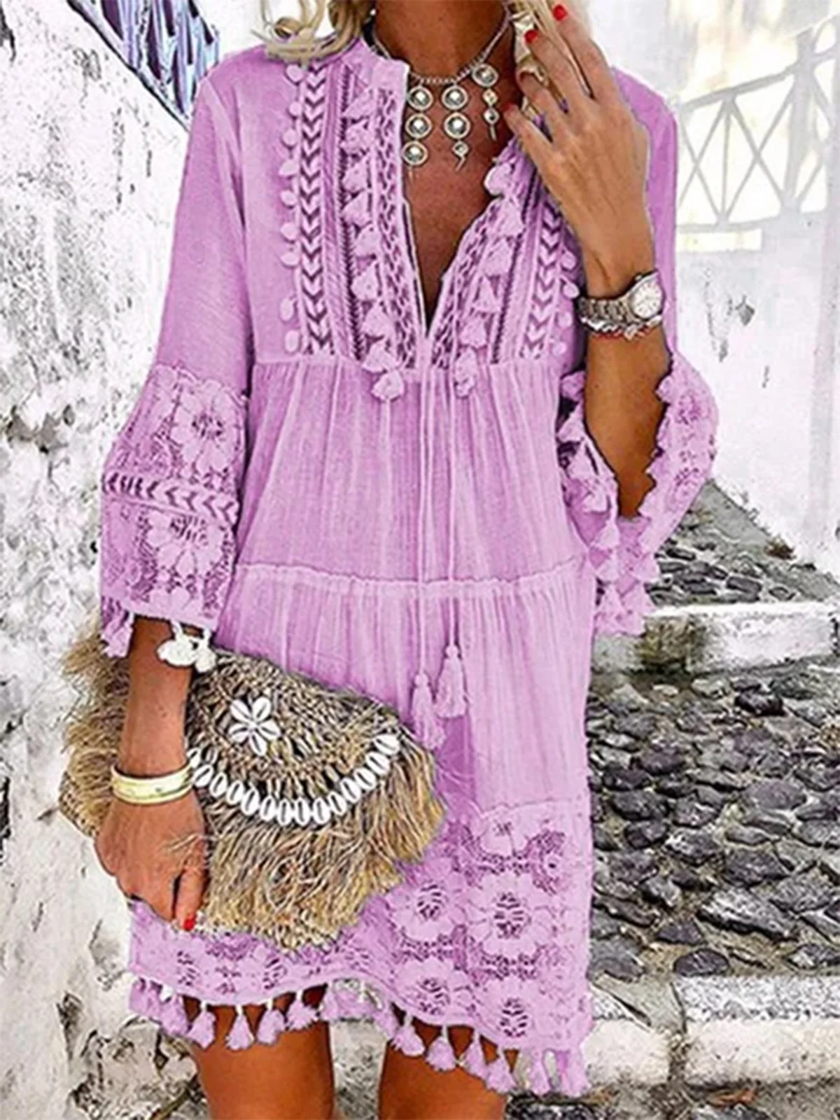 Women 3/4 Sleeve V Neck Holiday Boho Dresses