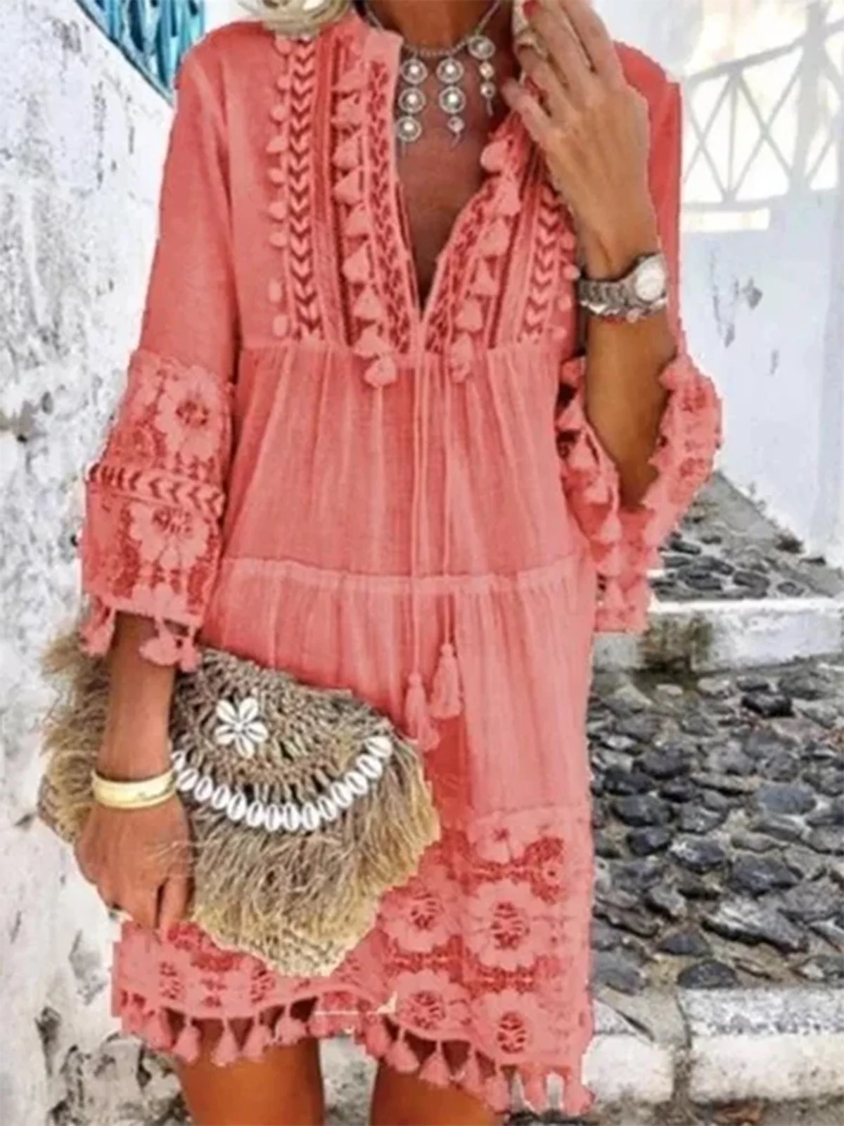 Women 3/4 Sleeve V Neck Holiday Boho Dresses