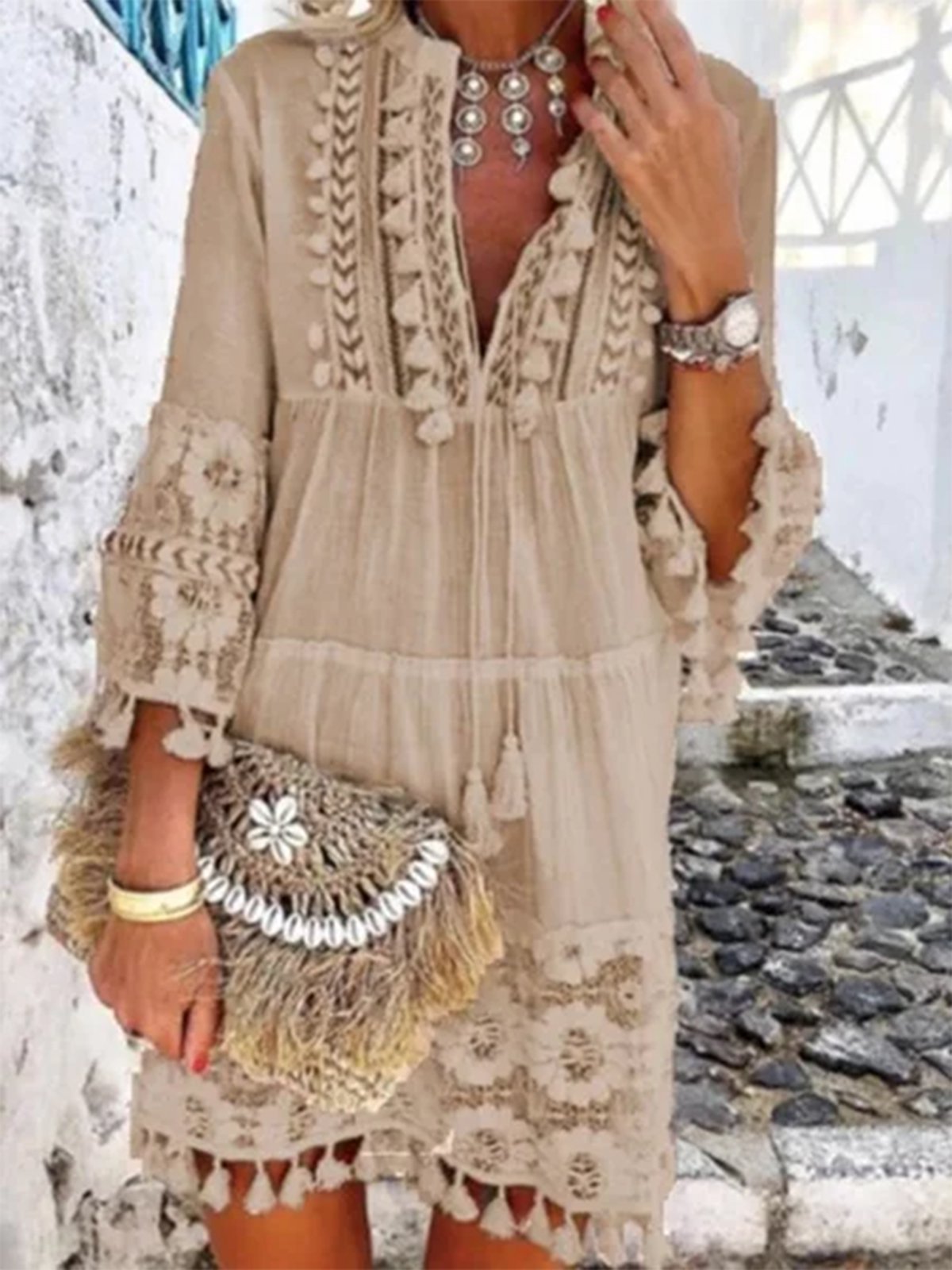 Women 3/4 Sleeve V Neck Holiday Boho Dresses