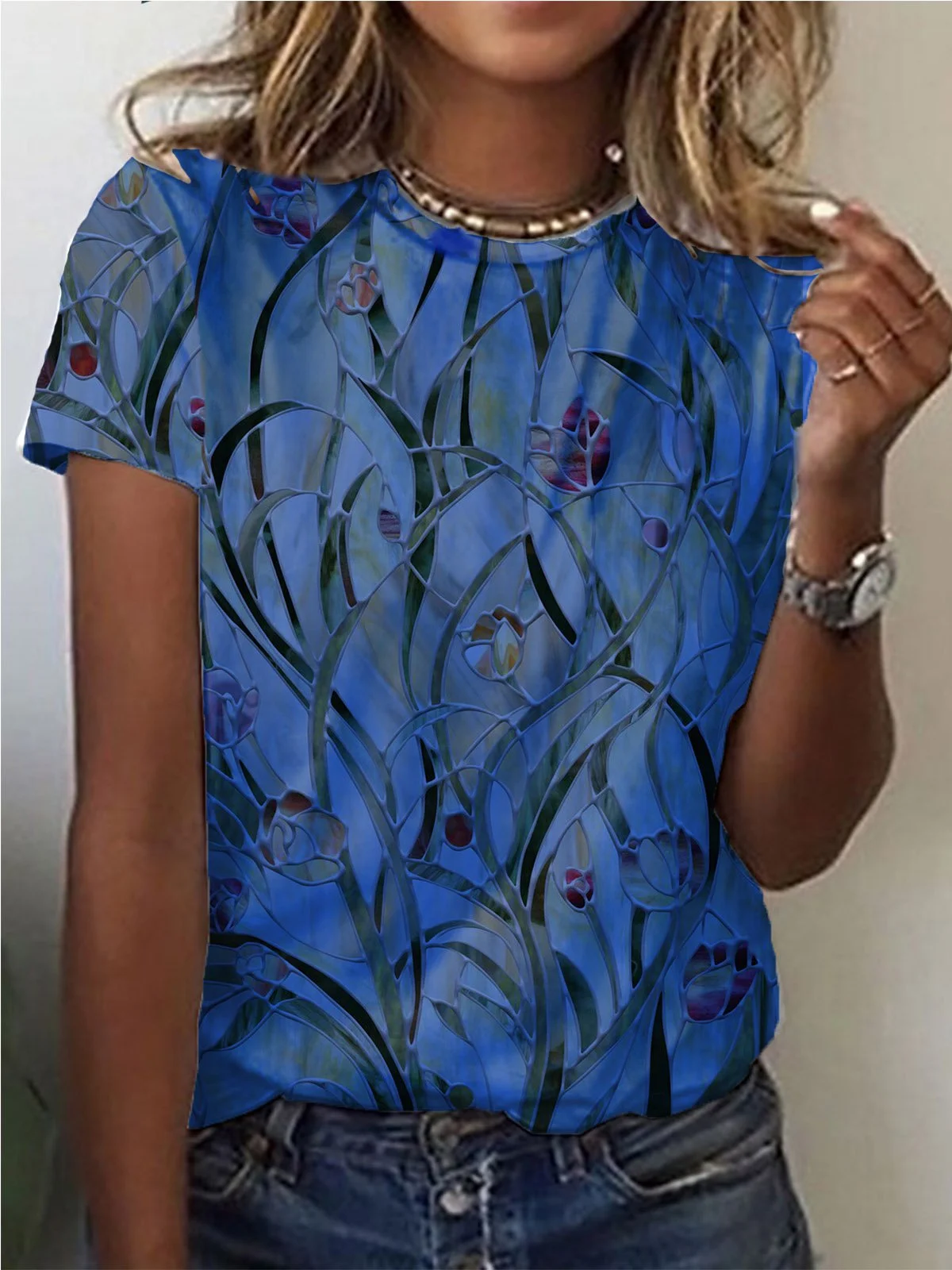 Women Casual Floral Plant Round Neck Short Sleeve T-shirt