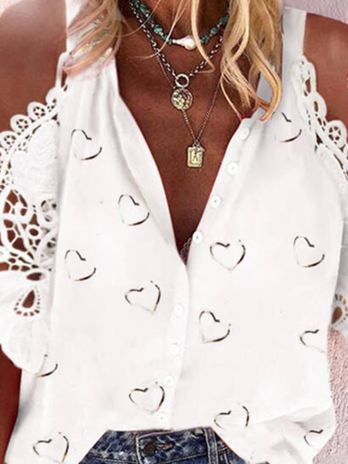 Short Sleeve Buttoned Casual Heart Printed Tops Valentine's Day Top
