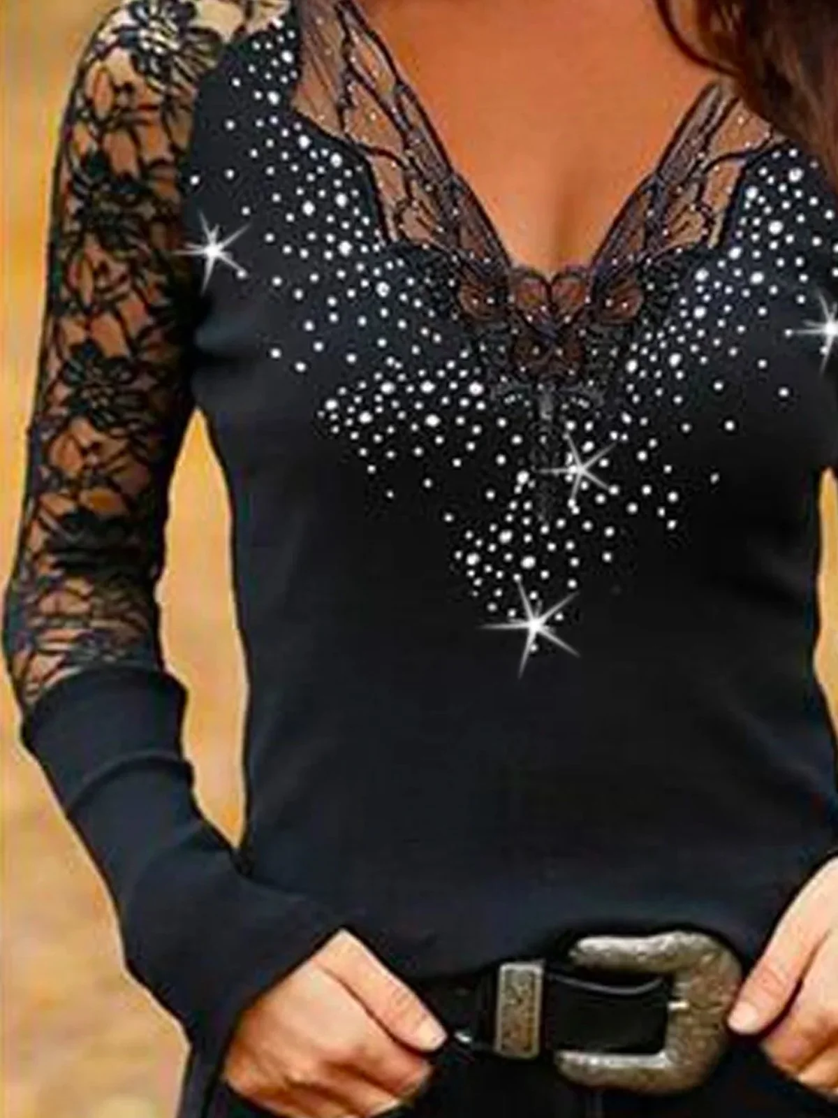 Sexy See-through Lace Design V Neck Fit Hot Drilling Jersey Club Party Long Sleeve T-shirt