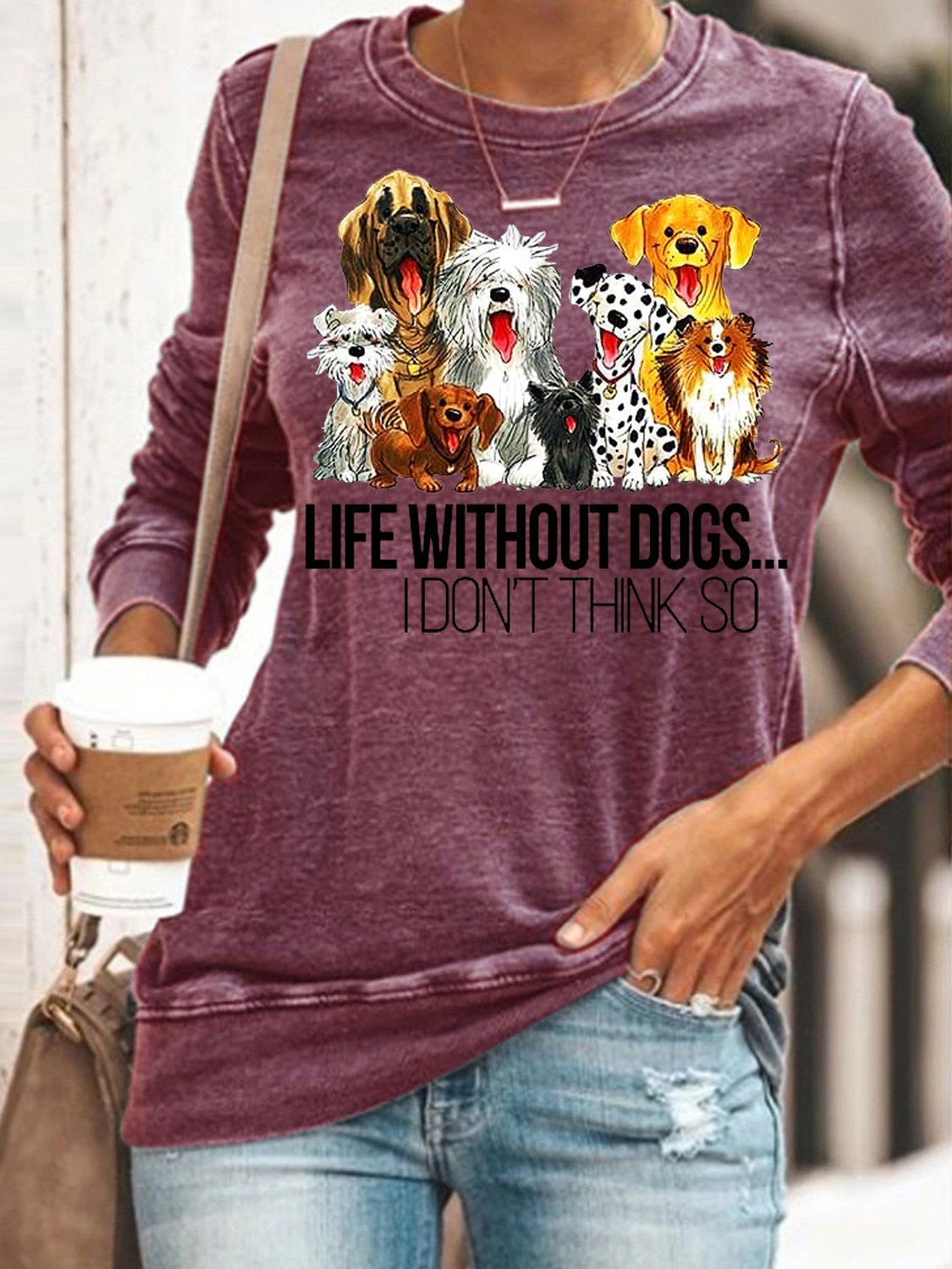 Life Without Dogs Don't Think So Cotton-Blend Casual Crew Neck Long Sleeve Sweatshirt