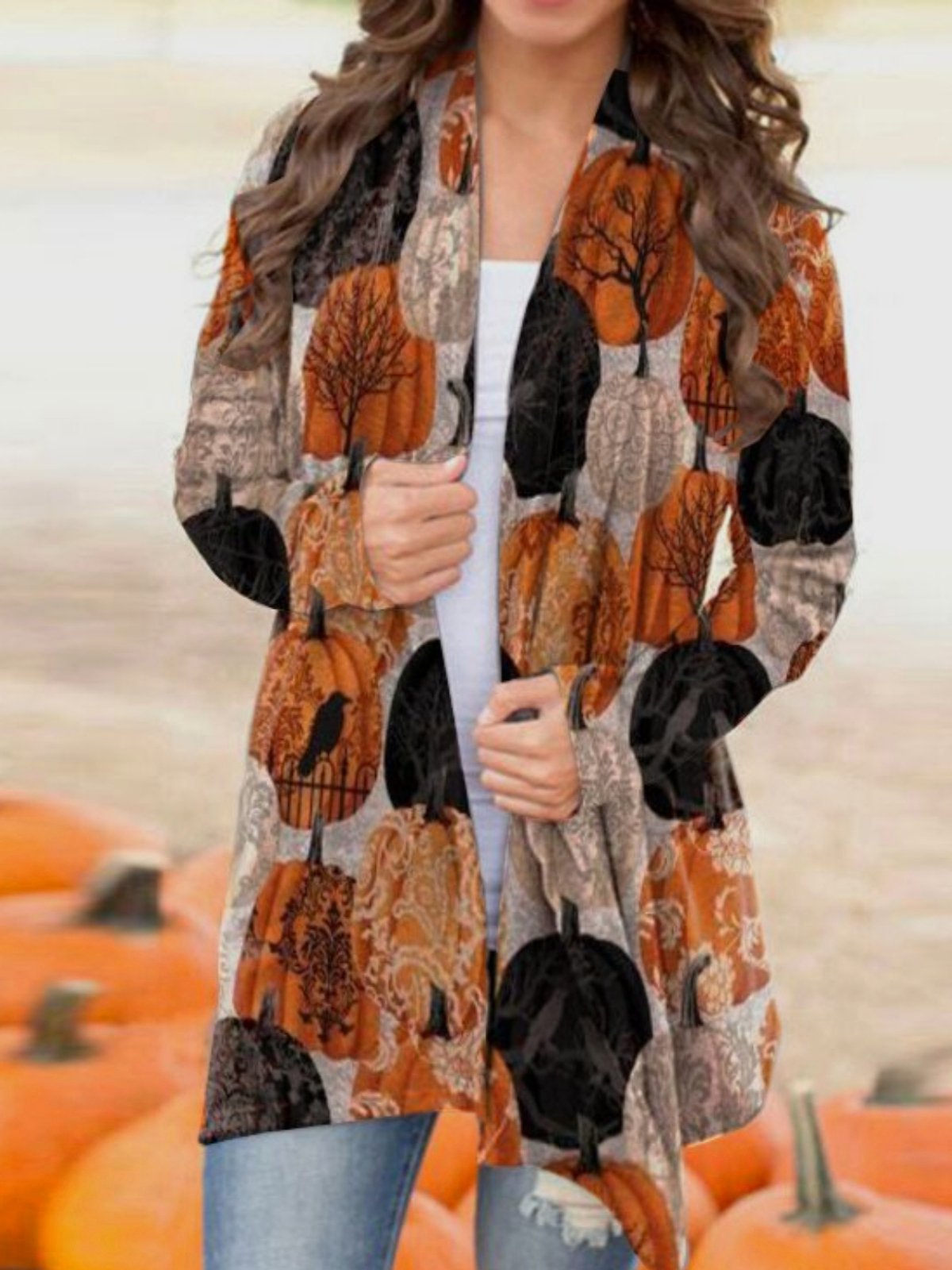 Casual Long Sleeve Halloween Thanksgiving Day Printed Cardigan