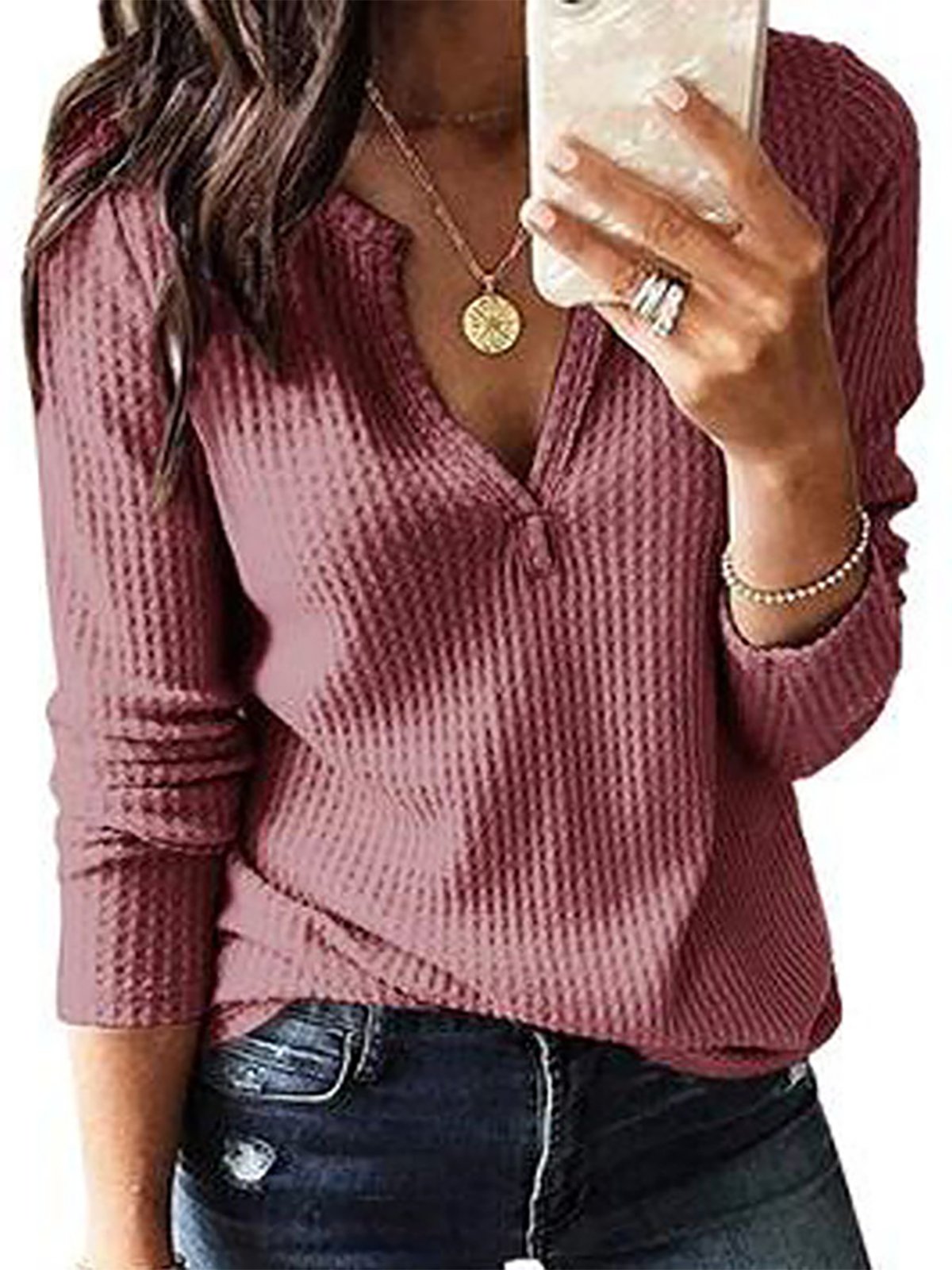 Jacquard Vintage Solid Plain Daily V Neck Loose H-Line Long Sleeve Blouse