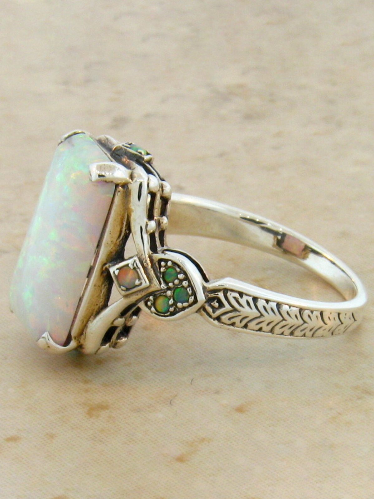 Vintage White Opal Ancient Silver Ring