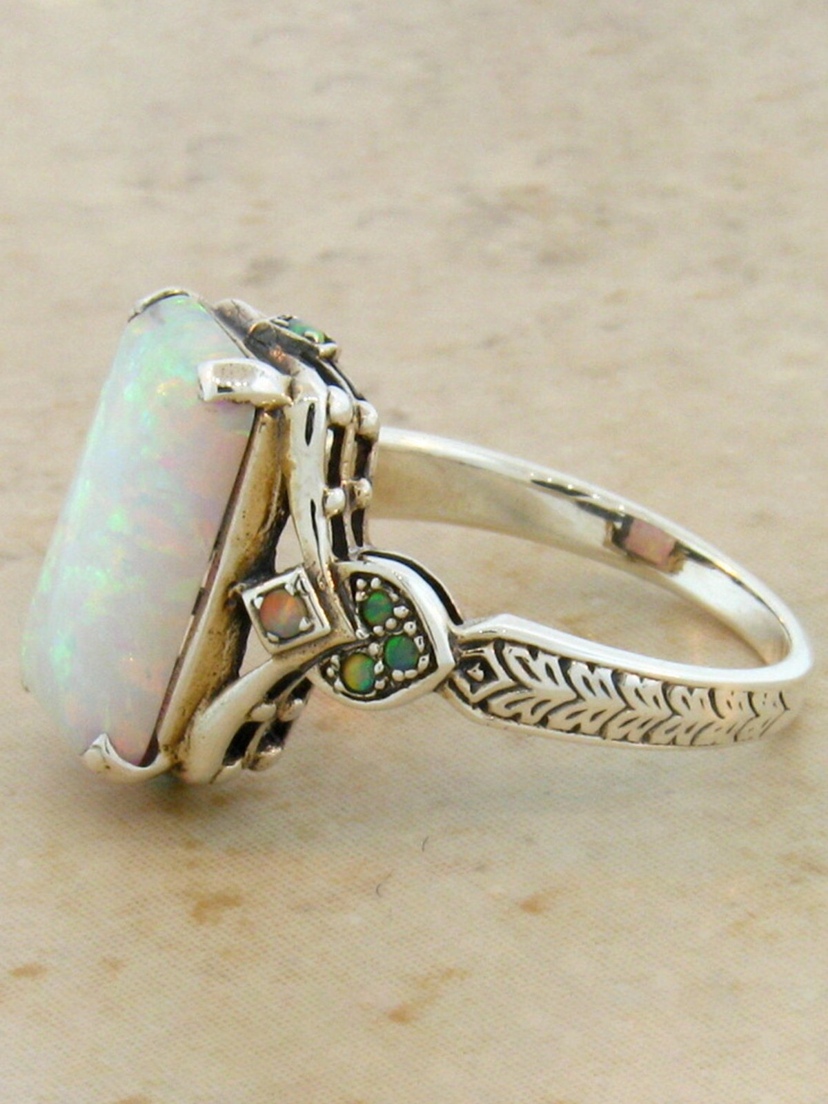 Vintage White Opal Ancient Silver Ring