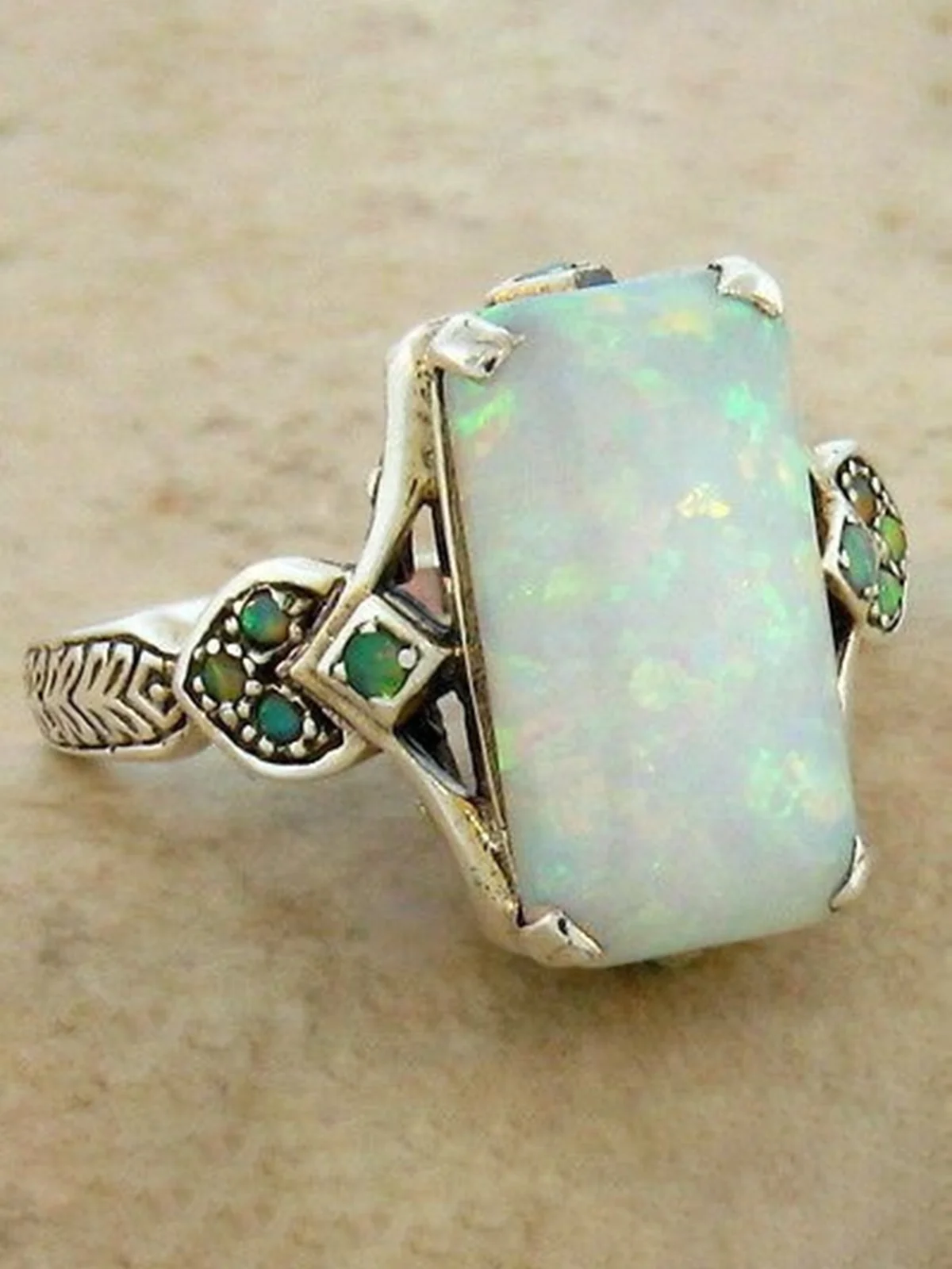 Vintage White Opal Ancient Silver Ring