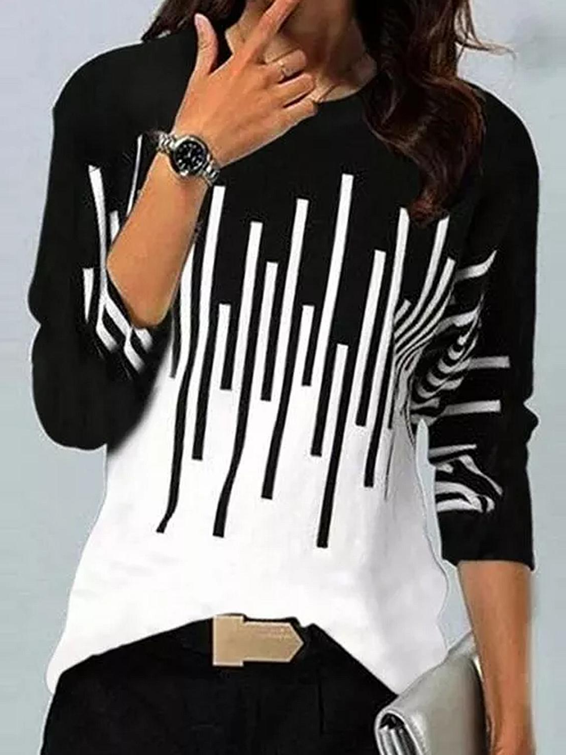 Daily Casual Geometric Cotton Blends Crew Neck Long Sleeve T-shirt