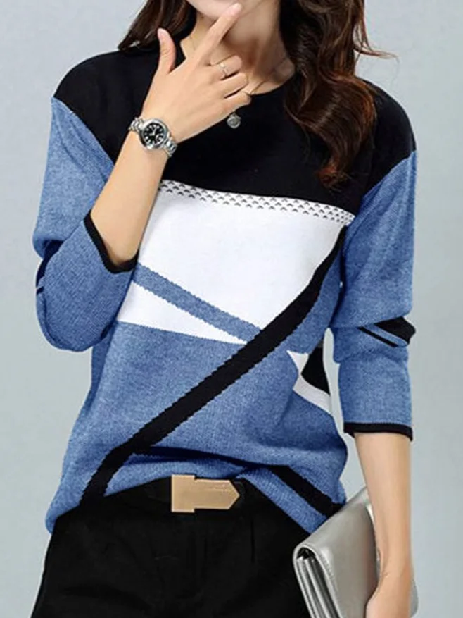 Daily Casual Geometric Cotton Blends Crew Neck Long Sleeve T-shirt