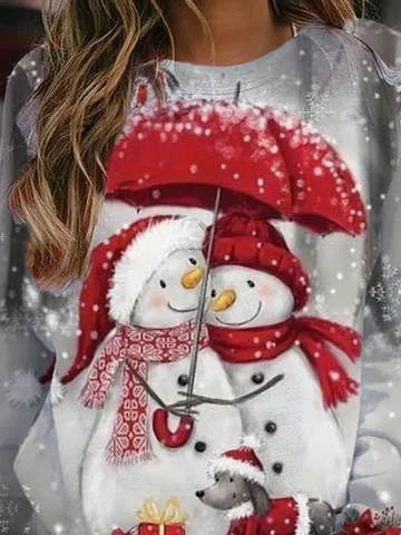 Christmas Snowman Casual Loosen Polyester Cotton Long Sleeve Sweatshirt