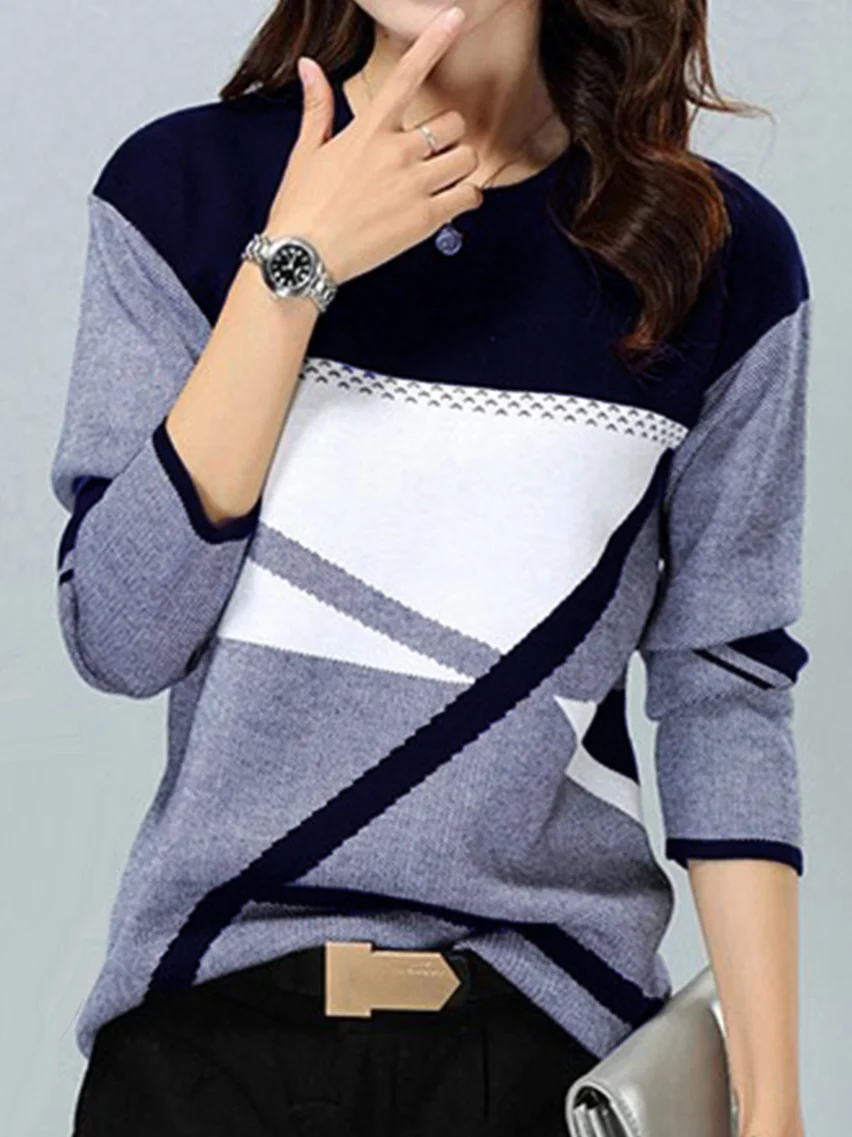 Daily Casual Geometric Cotton Blends Crew Neck Long Sleeve T-shirt