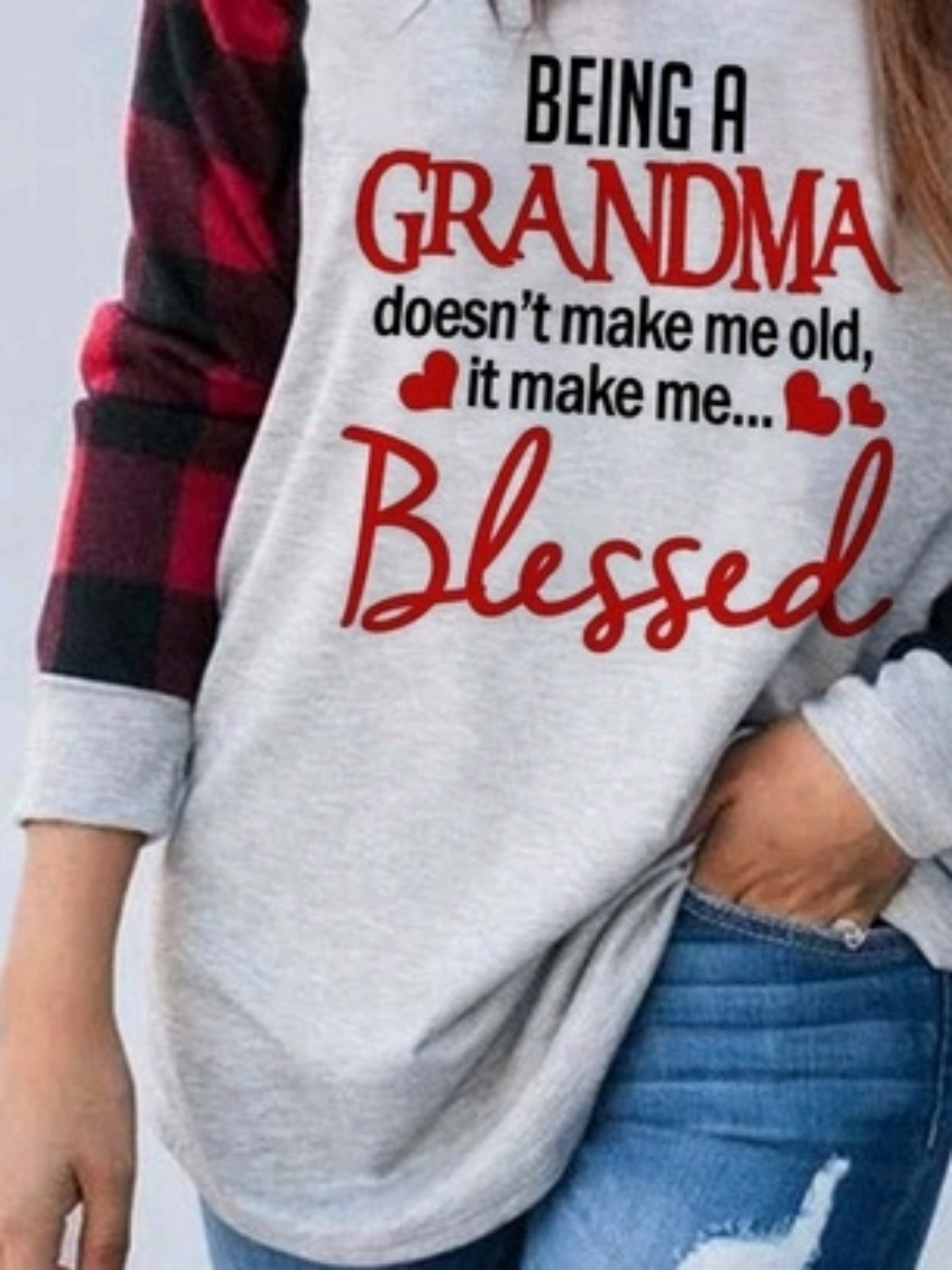 Letters Plaid Printed Long Sleeves Crew Neck Casual Top