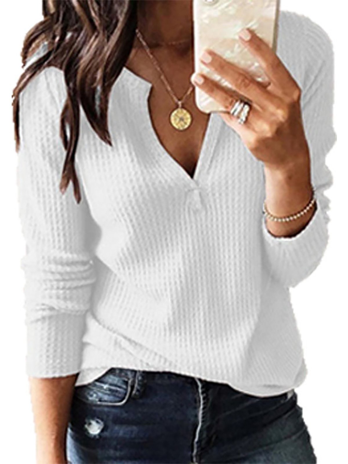 Jacquard Vintage Solid Plain Daily V Neck Loose H-Line Long Sleeve Blouse