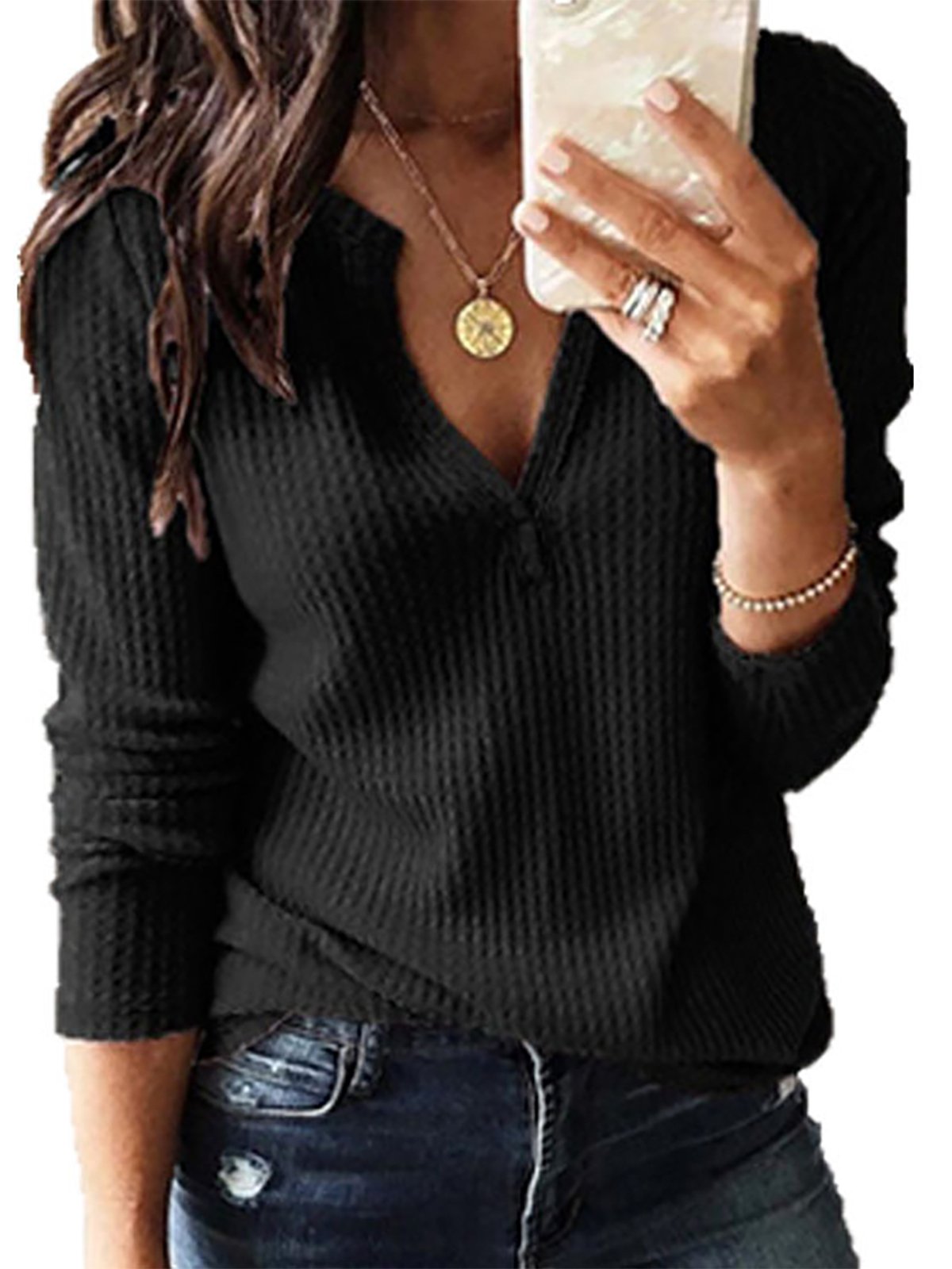 Jacquard Vintage Solid Plain Daily V Neck Loose H-Line Long Sleeve Blouse