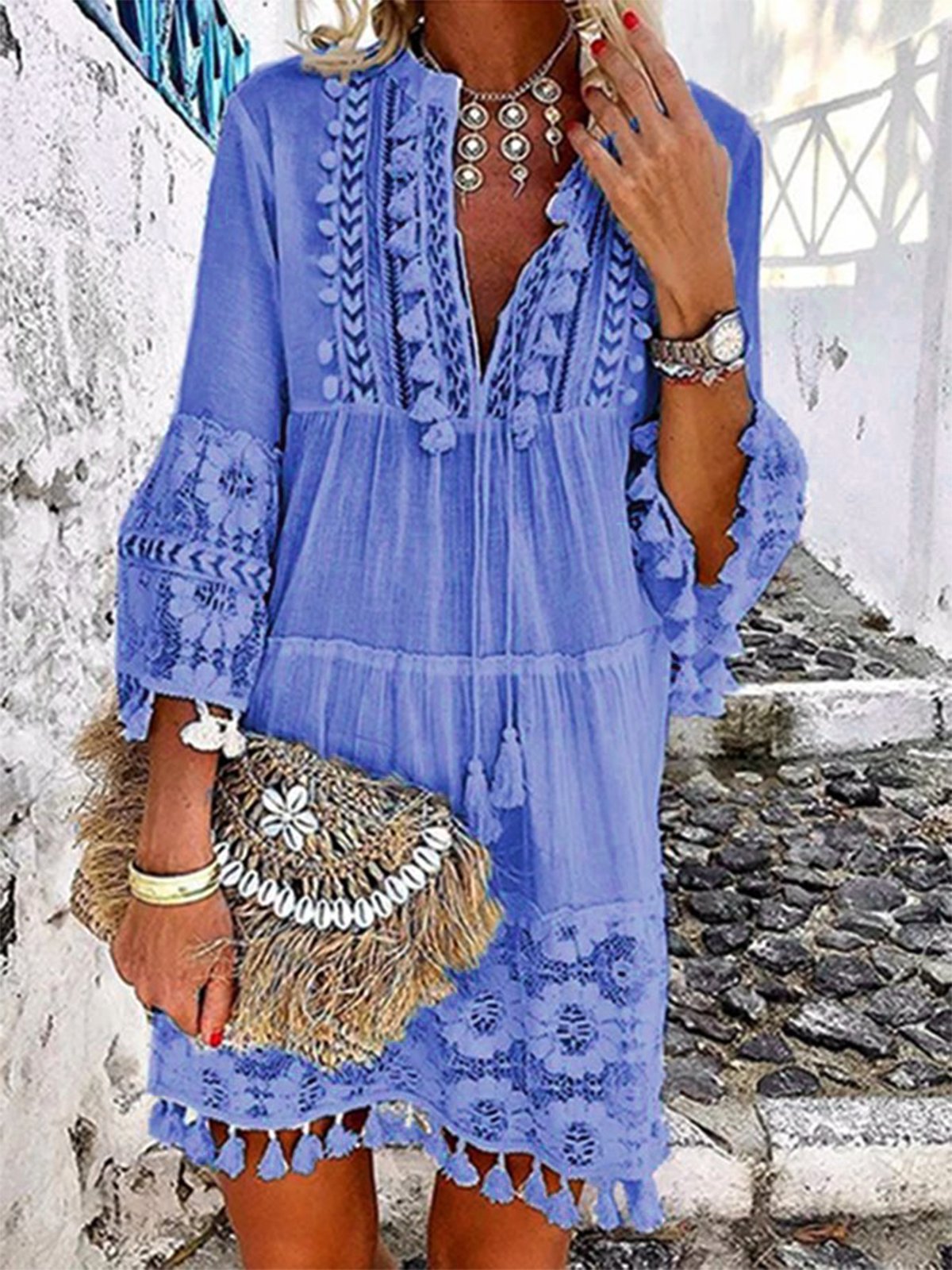 Women 3/4 Sleeve V Neck Holiday Boho Dresses