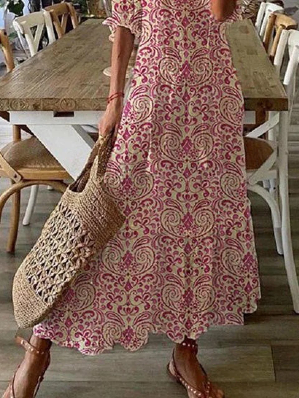 V Neck Loosen Tribal Floral Boho Dress