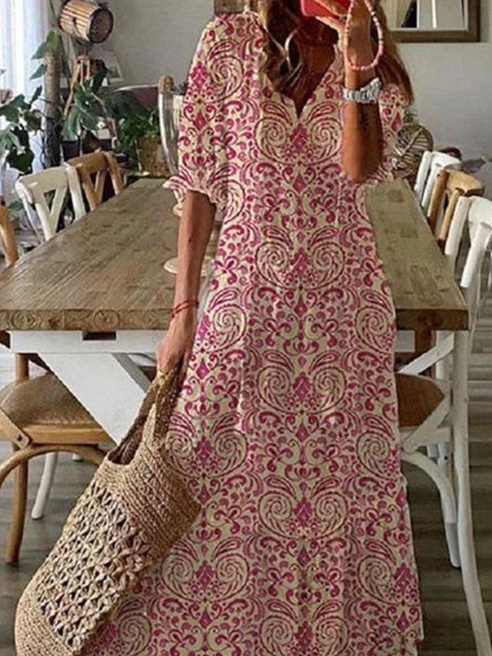 V Neck Loosen Tribal Floral Boho Dress