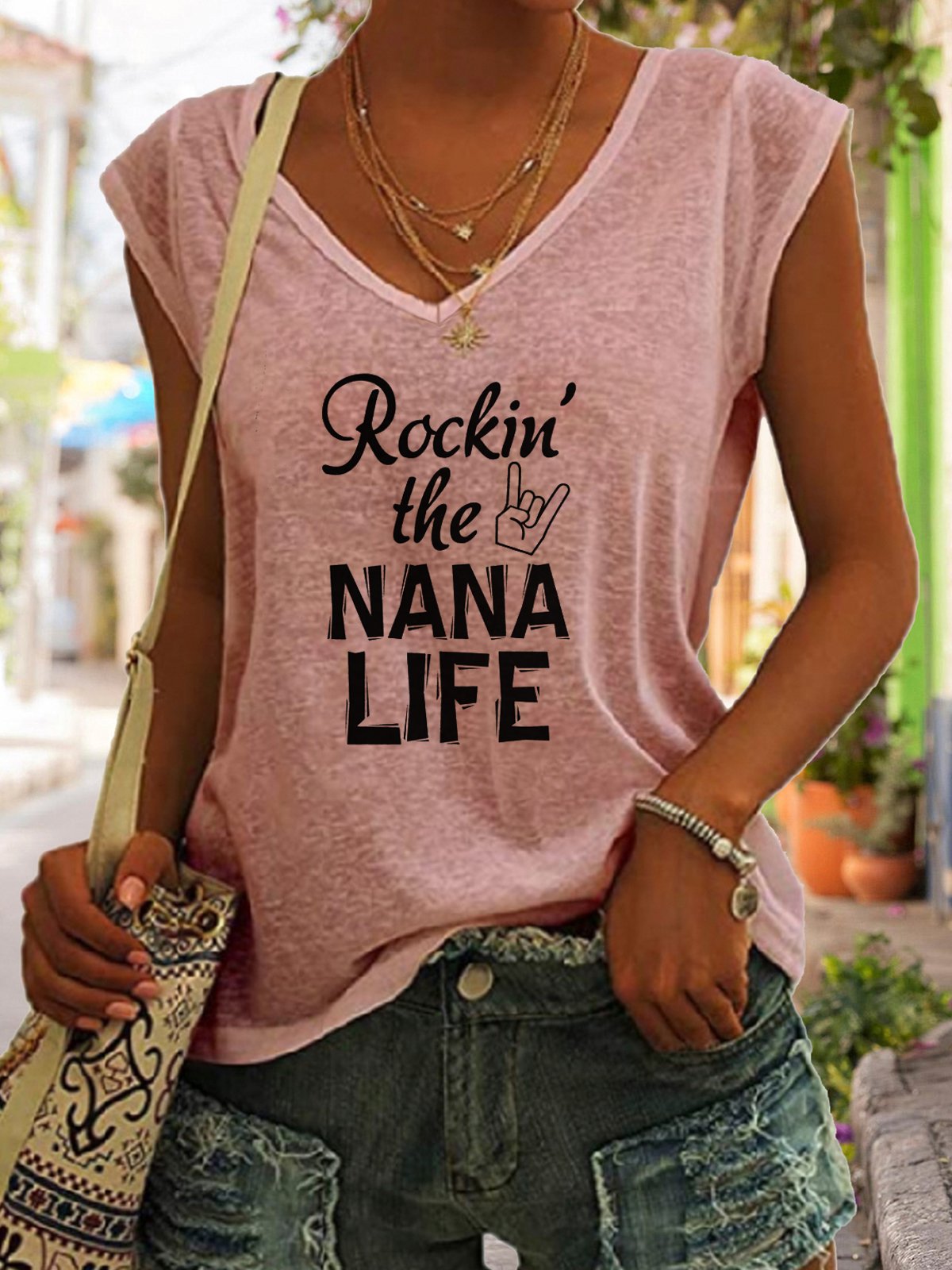 Rockin The Nana Life V-neck Tank Top