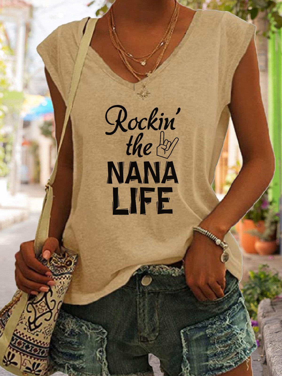 Rockin The Nana Life V-neck Tank Top
