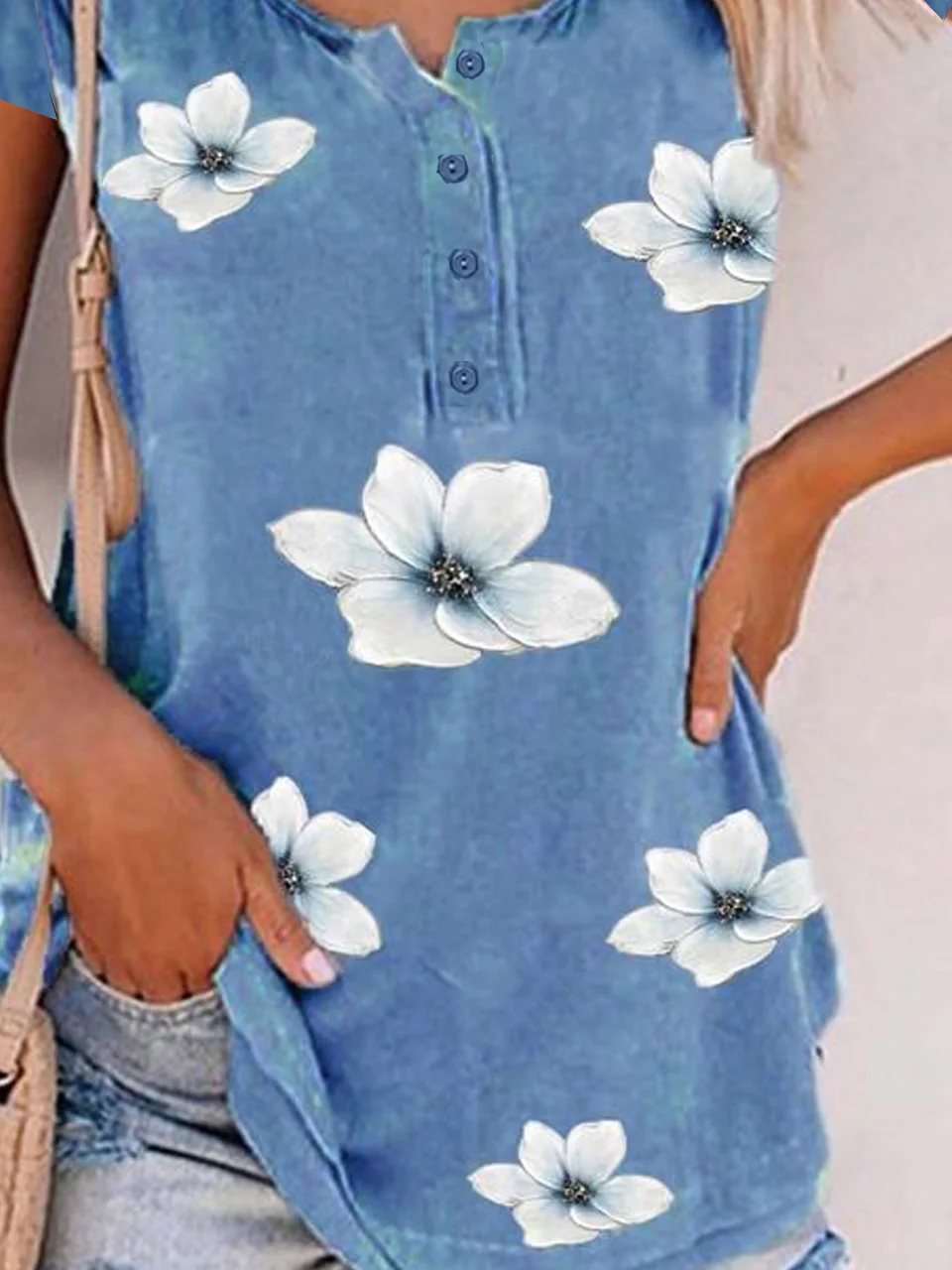 Floral Casual Crew Neck Loosen Buttoned Short Sleeve T-Shirt