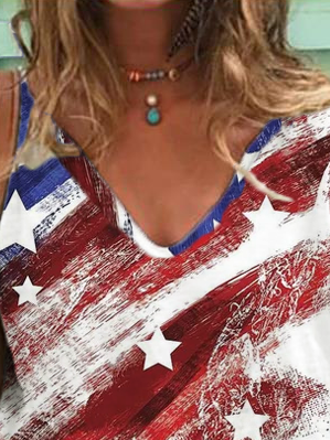 Casual V Neck Short Sleeve Shift Abstract Print Independence Day Shirt With America Flag