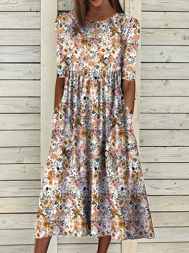 Loosen Casual Floral Short Sleeve Woven Dress