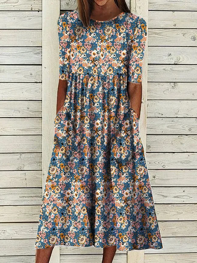 Loosen Casual Floral Short Sleeve Woven Dress