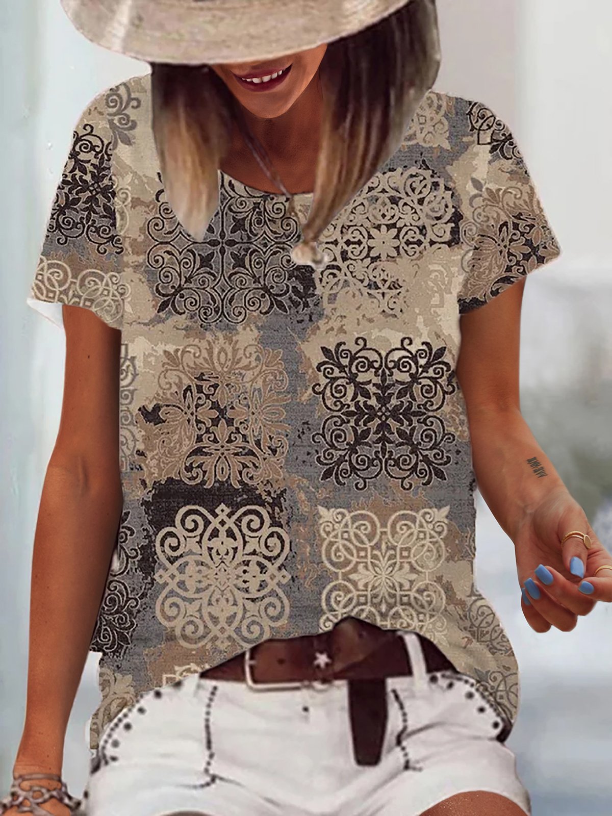 Casual Geometric Printed Round Neck Loosen Shirt & Top