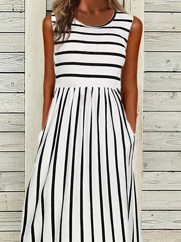 Striped Casual Crew Neck H-Line Sleeveless T-shirt Maxi Dress