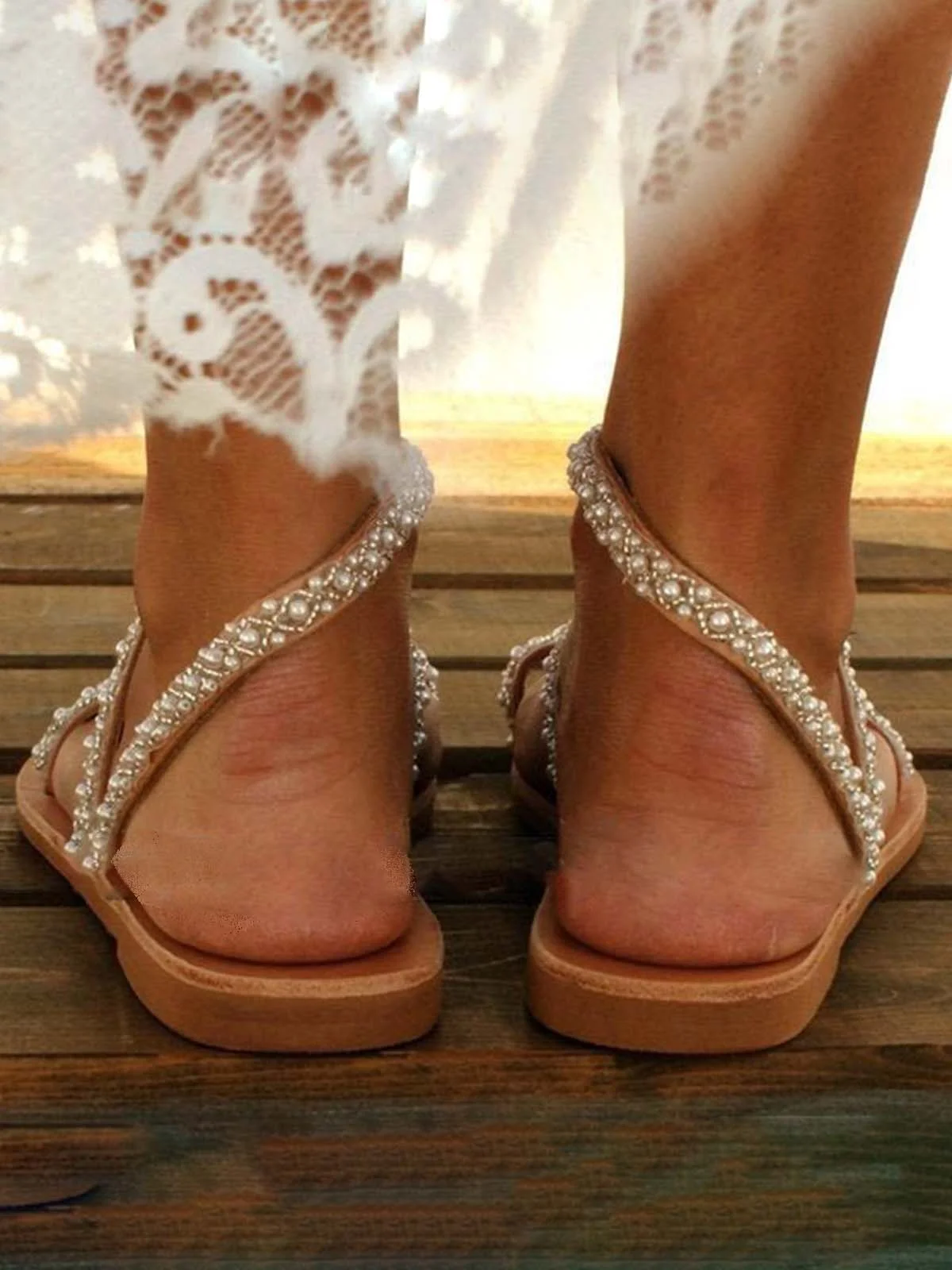 Women Boho Handmade Pearl Beach Sandals Bridal Shoes