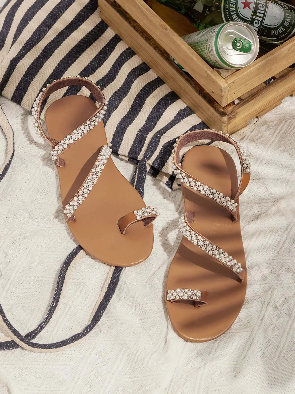 Women Boho Handmade Pearl Beach Sandals Bridal Shoes