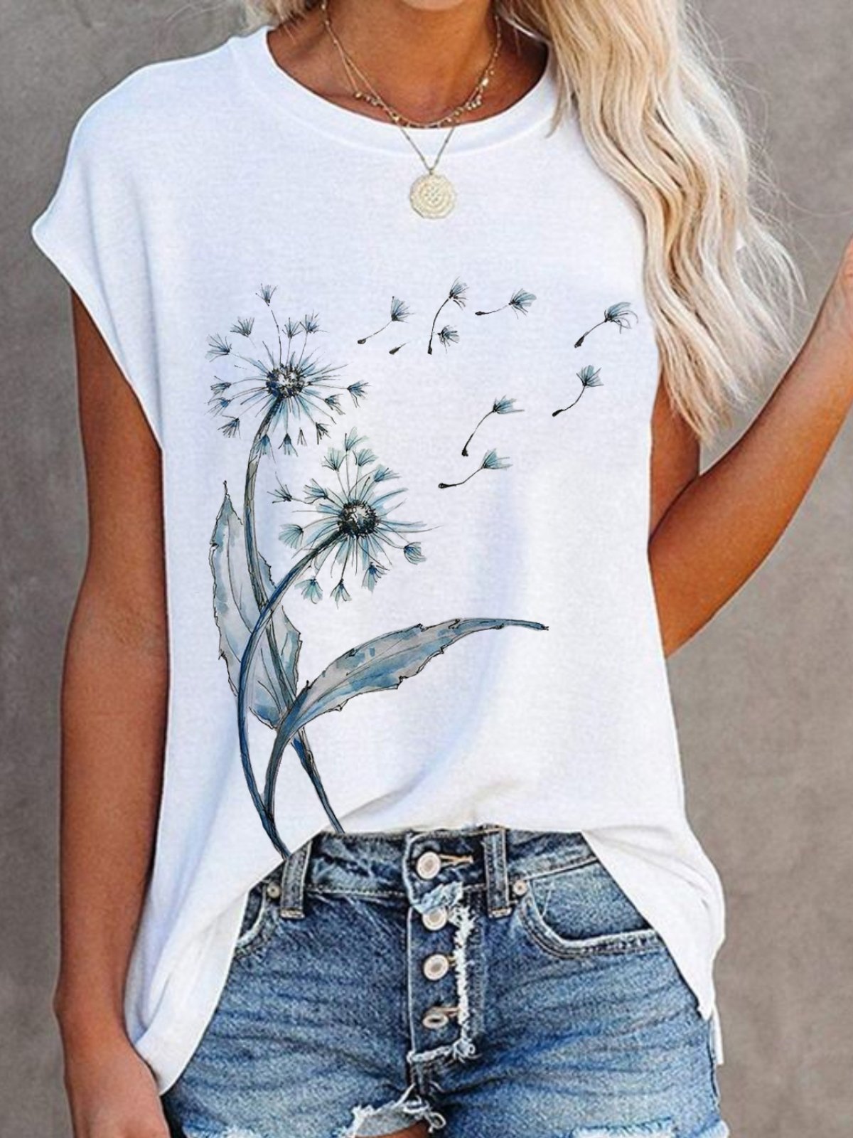 Casual Dandelion Short Sleeve Round Neck Printed Top T-shirt