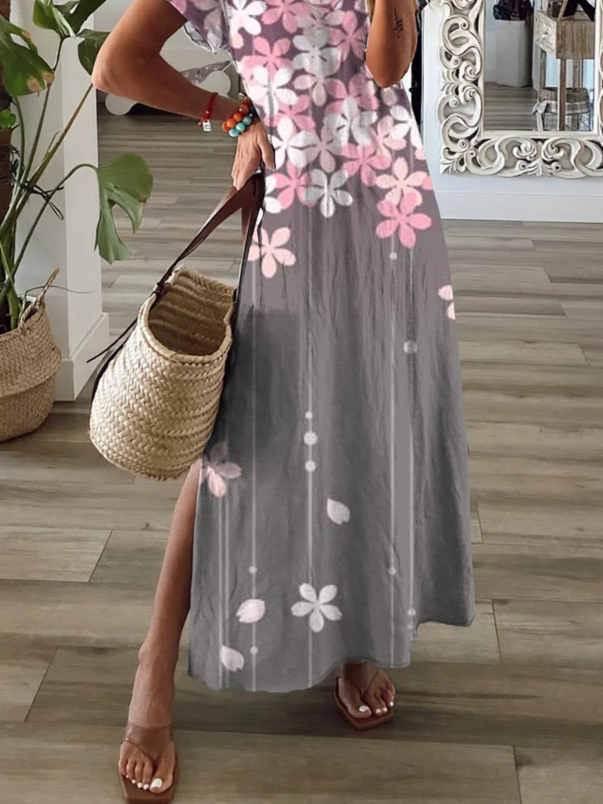 Casual Floral Short Sleeve V Neck Printed Dress