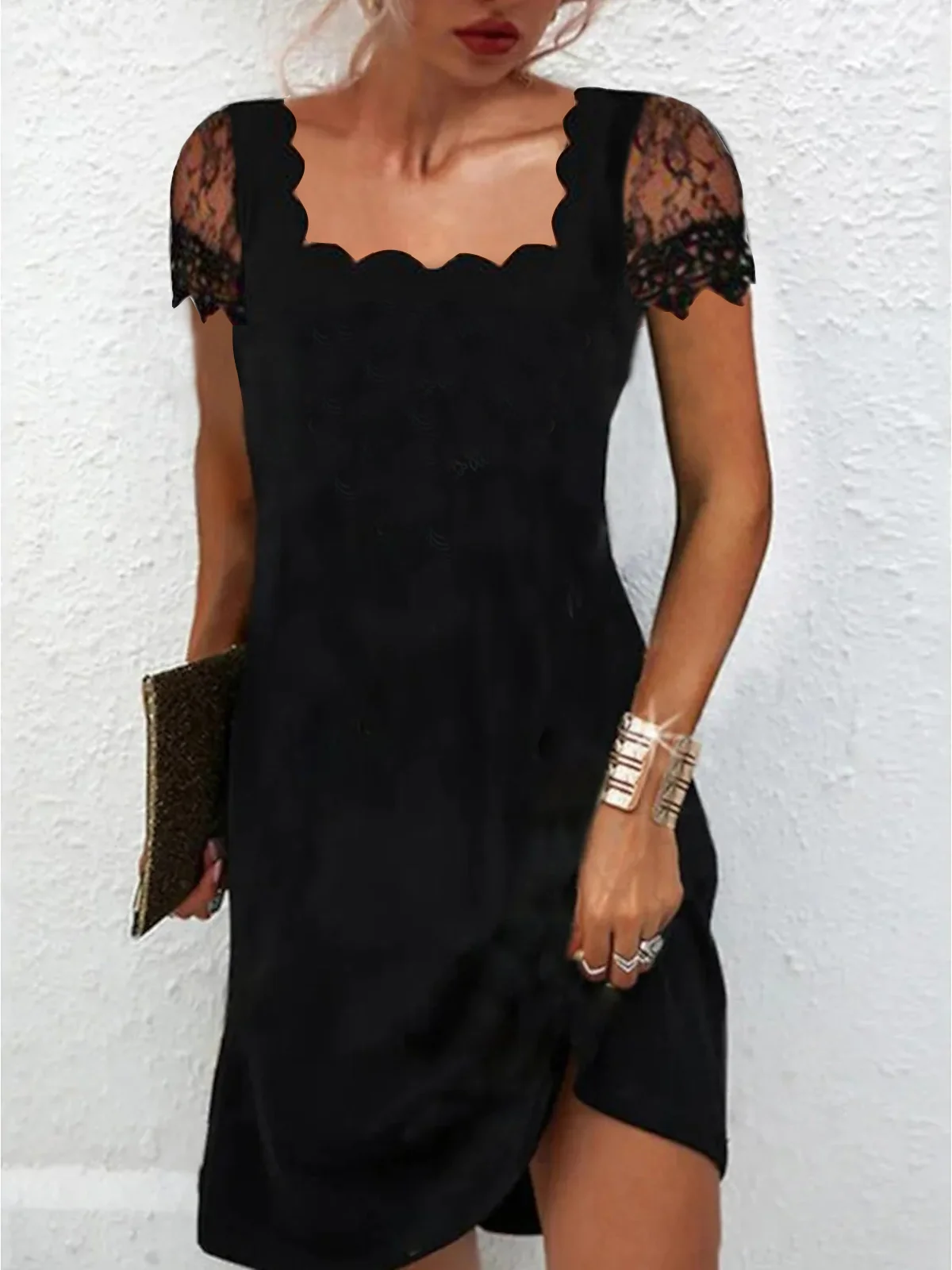 Elegant Regular Fit Plain Lace Short Sleeve Knit Dress