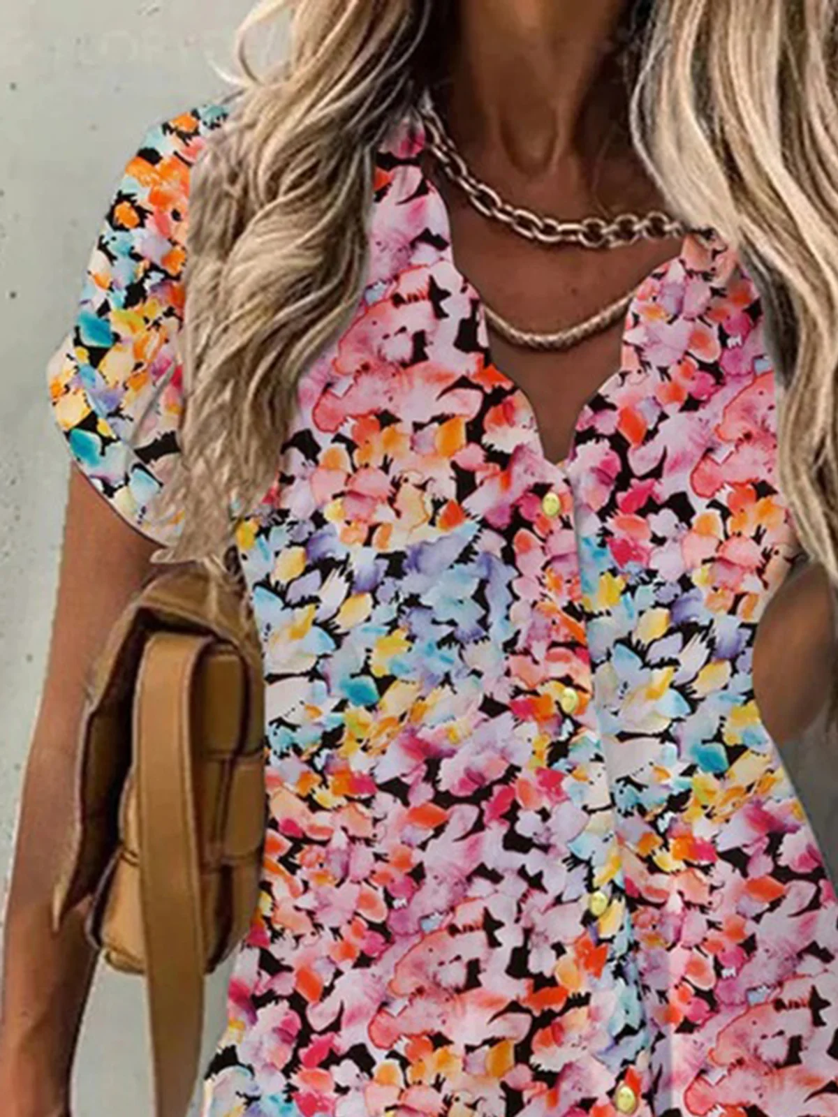 Floral V Neck Casual Short Sleeve Buttoned Blouse