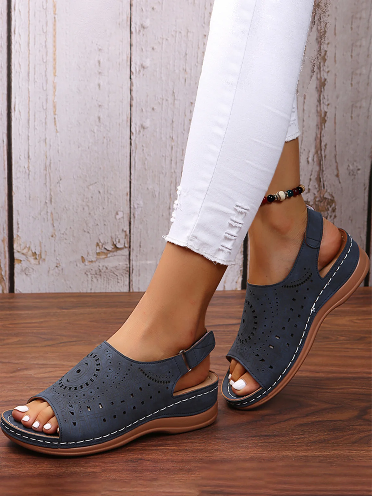 Ethnic Pattern Punched Hollow Velcro Vintage Hook And Loop Comfortable Wedge Sandals For Women