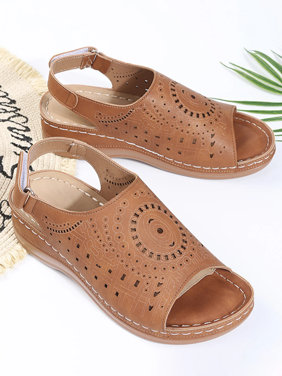 Ethnic Pattern Punched Hollow Velcro Vintage Hook And Loop Comfortable Wedge Sandals For Women