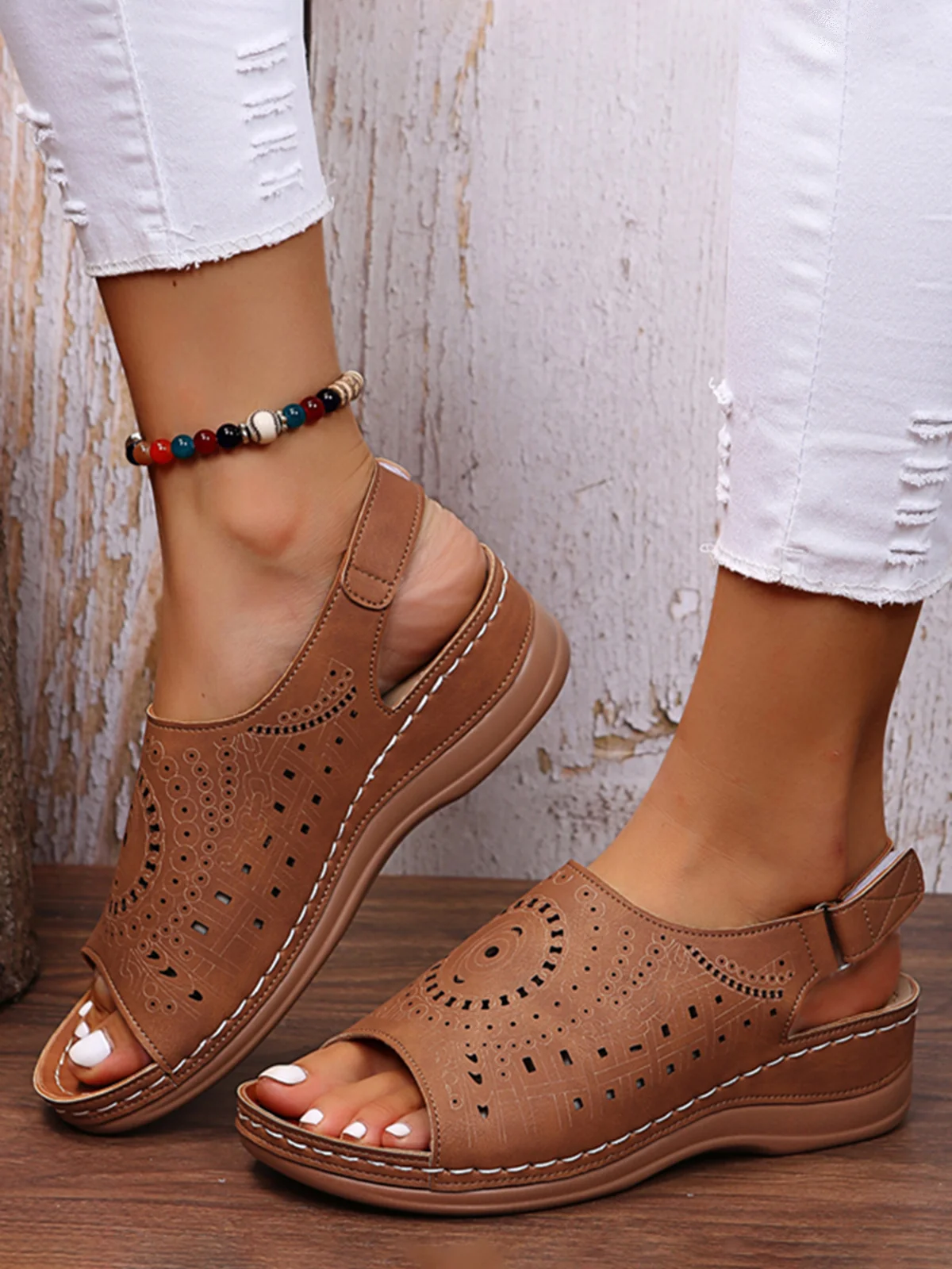 Ethnic Pattern Punched Hollow Velcro Vintage Hook And Loop Comfortable Wedge Sandals For Women