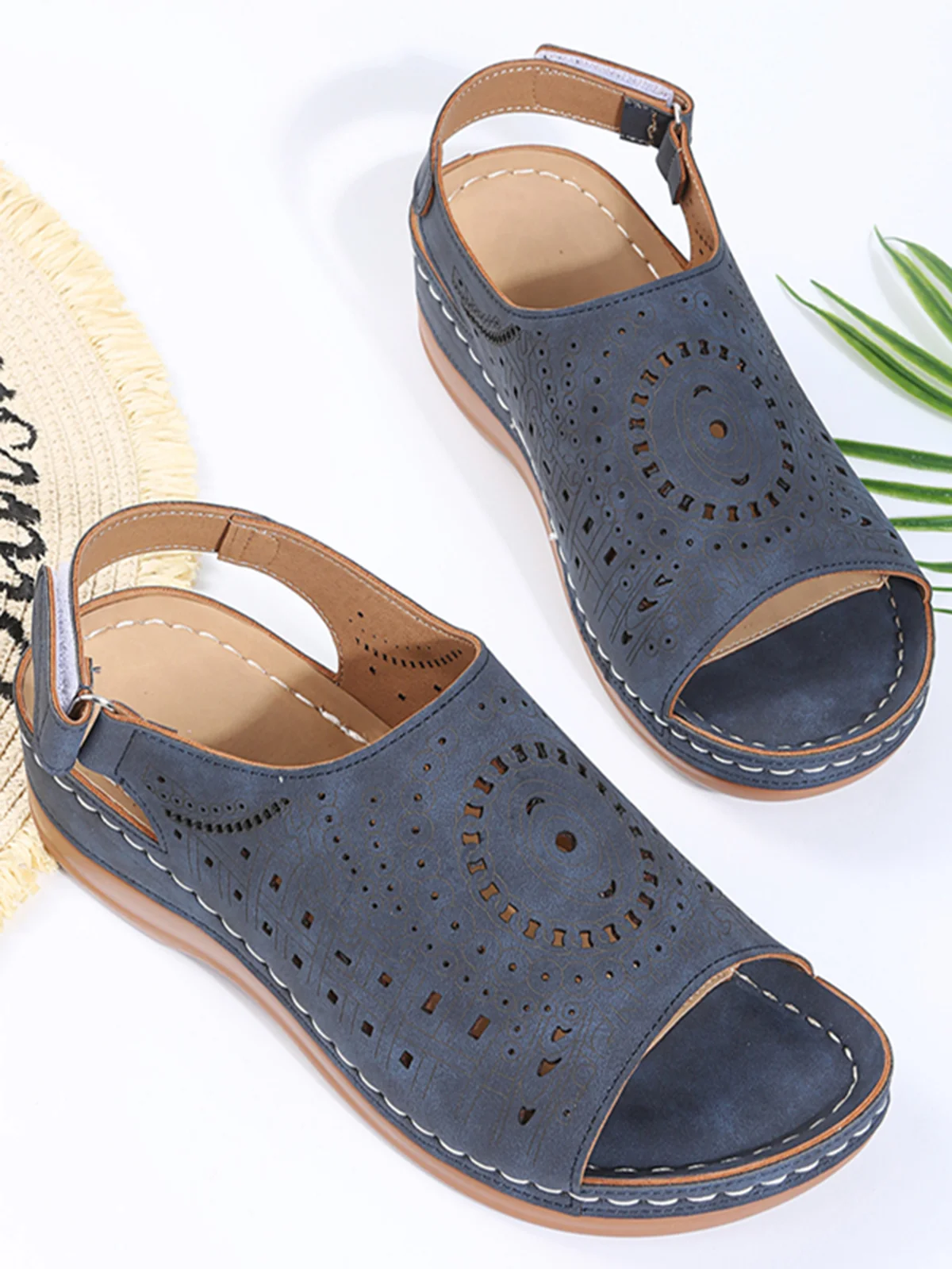 Ethnic Pattern Punched Hollow Velcro Vintage Hook And Loop Comfortable Wedge Sandals For Women