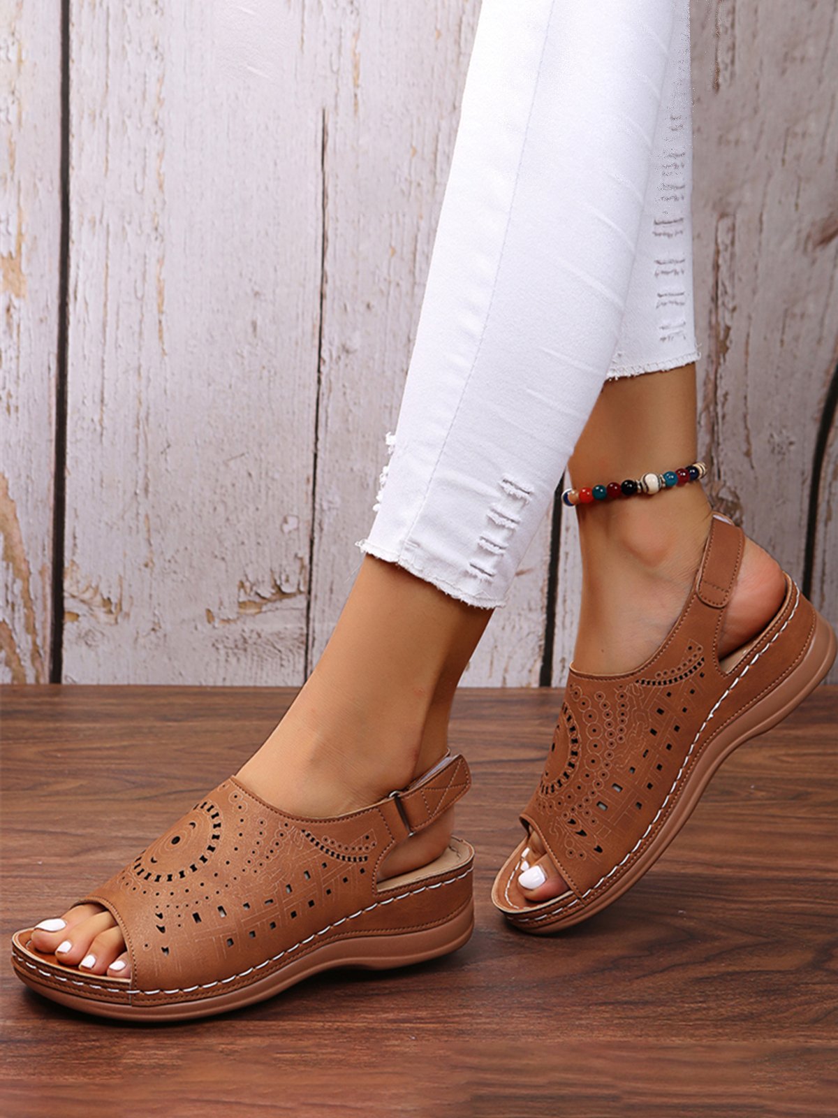 Ethnic Pattern Punched Hollow Velcro Vintage Hook And Loop Comfortable Wedge Sandals For Women