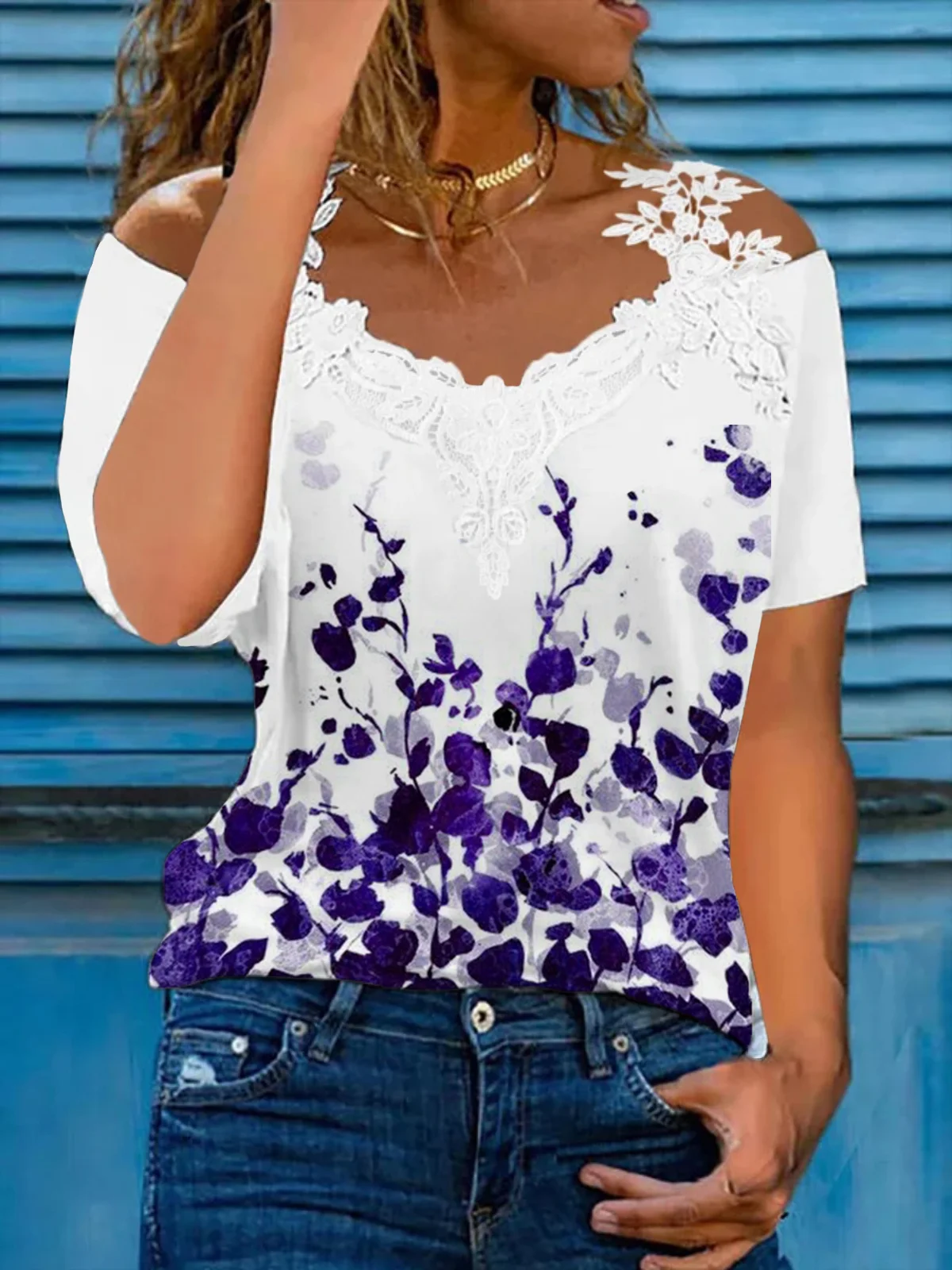 Casual Floral Short Sleeve V Neck Printed Top T-shirt