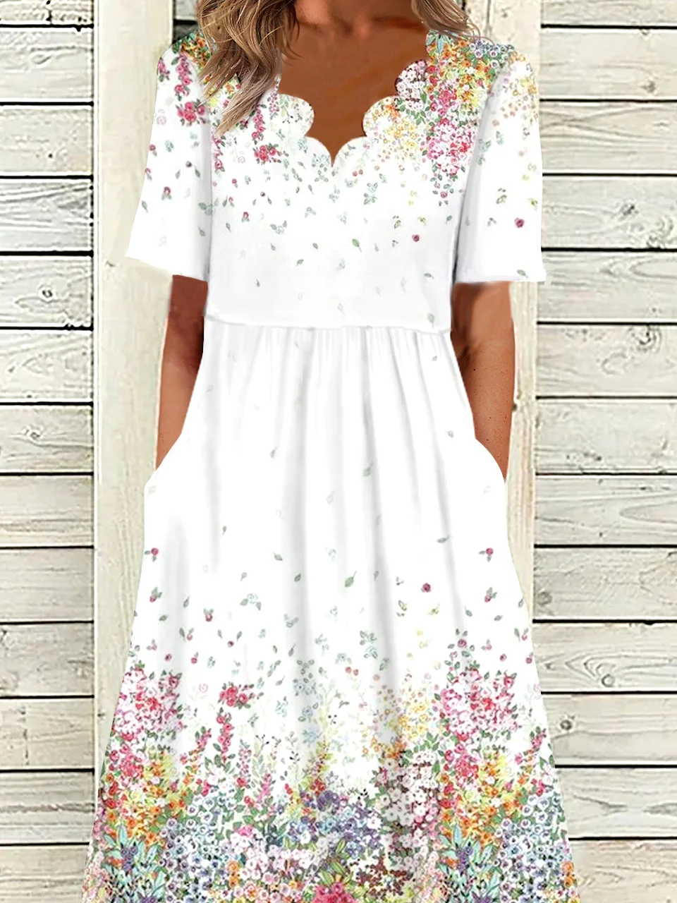 Daily Casual Floral Print Jersey Lightweight Short Sleeve Knit V neck Maxi Dress