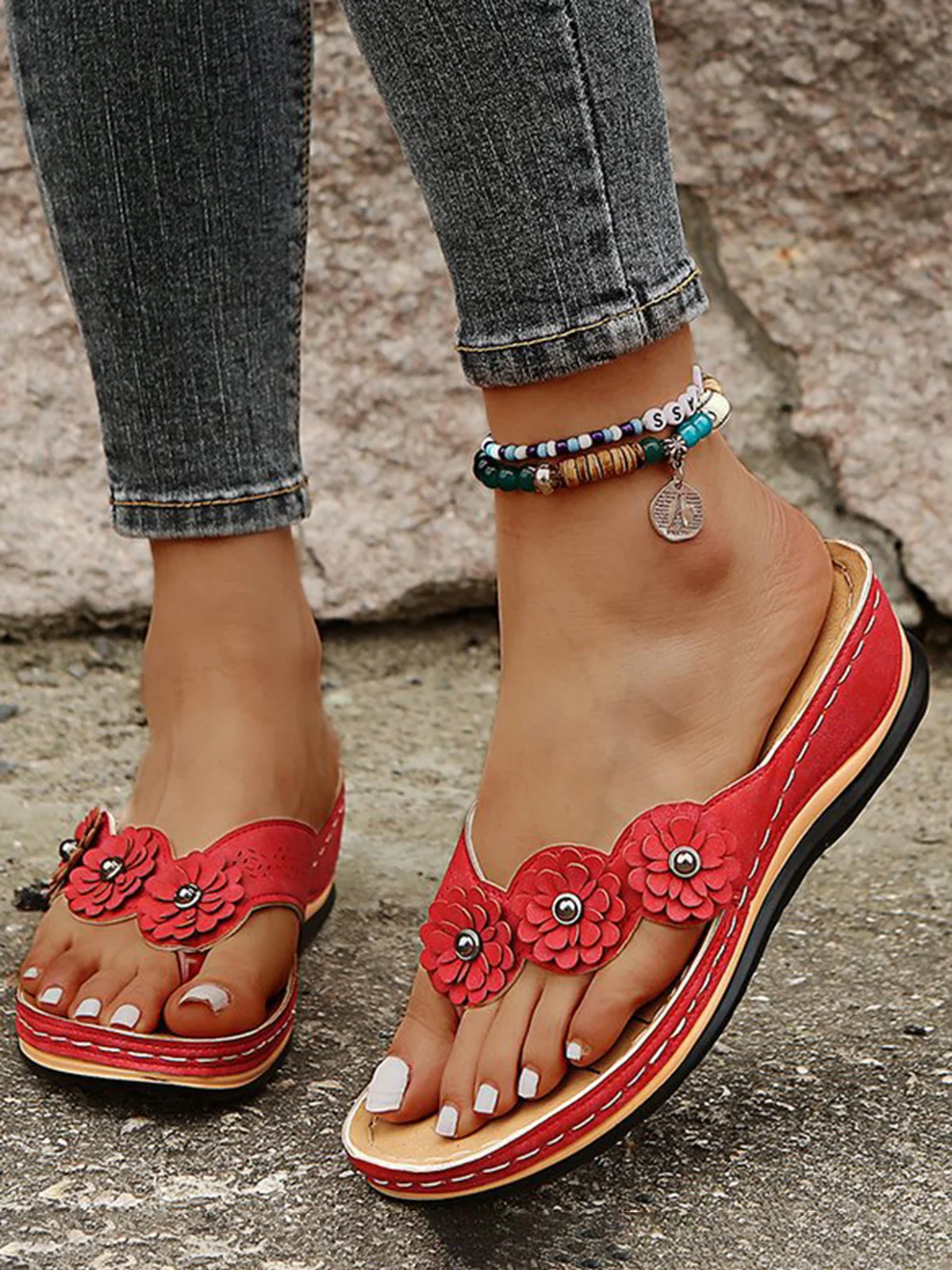 Vintage Floral Casual Wedge Flip-Flops