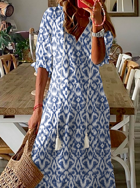 Casual H-Line V Neck Lightweight Geometric Floral Printed Short Sleeve Maxi Dress