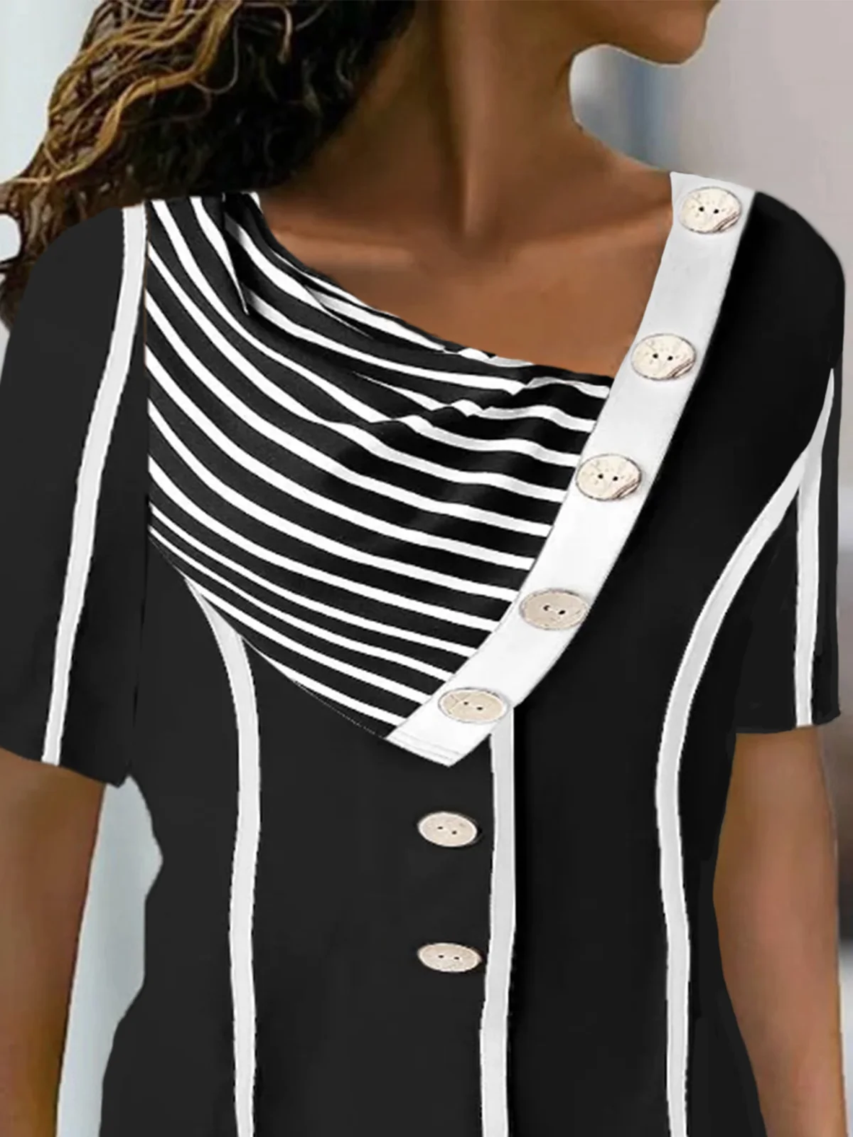 Color-block Striped Buttoned Short Sleeve Plus Size Casual T-Shirt