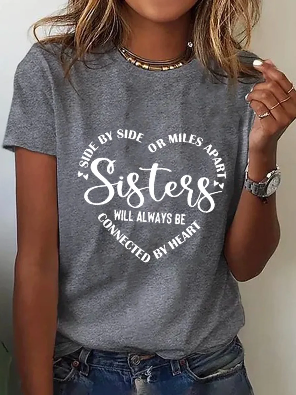 Sisters Text Letters Casual Crew Neck Short Sleeve Lightweight Loose T-Shirt