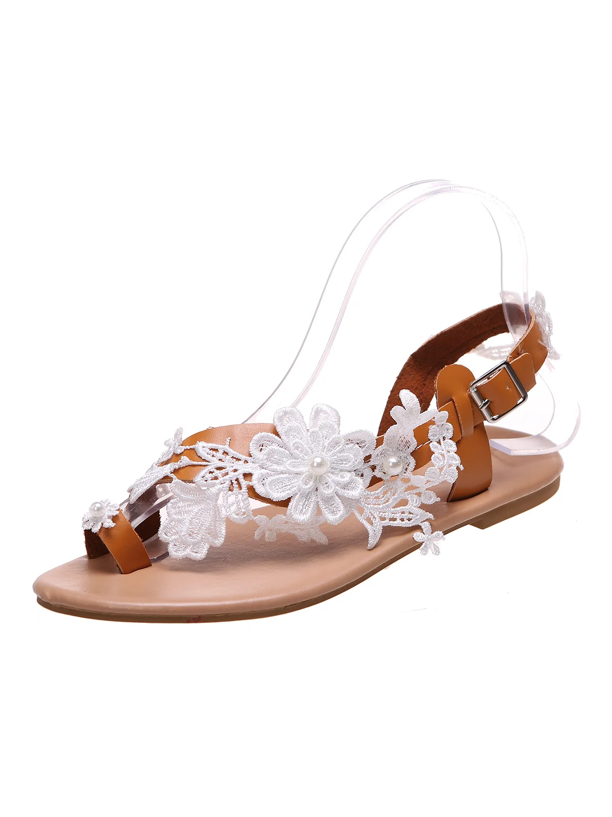 Women's Romantic Applique Lace Flower Decorative Elegant Wedding Flat Heel Sandals